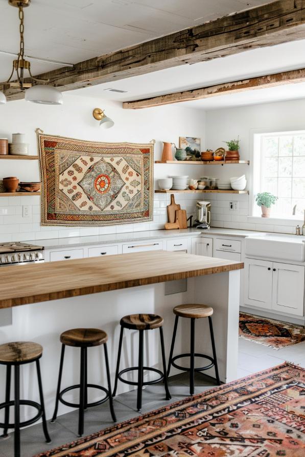 Above the worktop, a striking textile, its complicated textures, a rich wall carpets, unfolds a unique story in a versatile kitchen room.