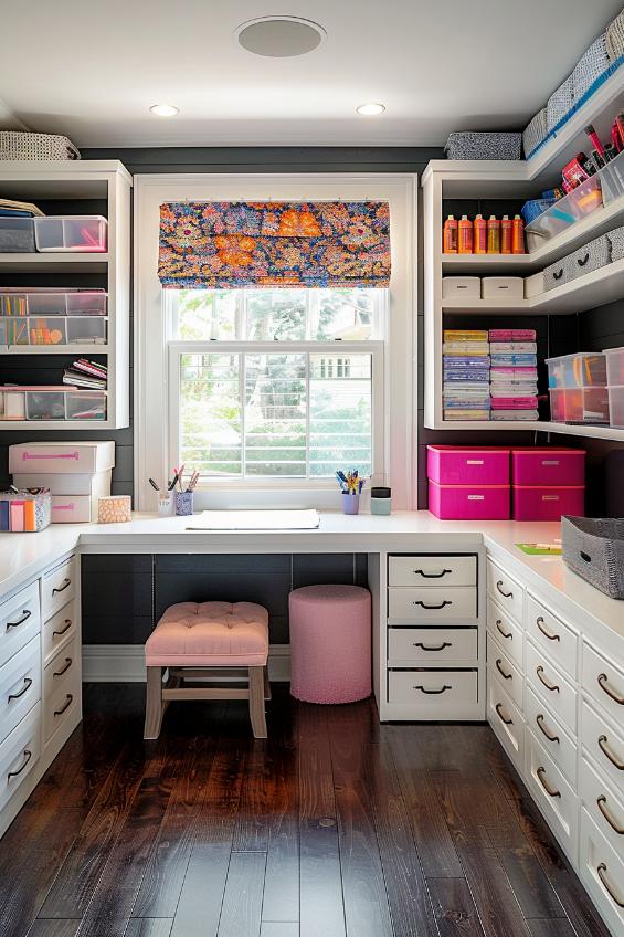 Pastel storage containers organize a wealth of craftsmanship in this room, all of which are properly arranged on floating shelves and are just waiting to create funny craft projects.