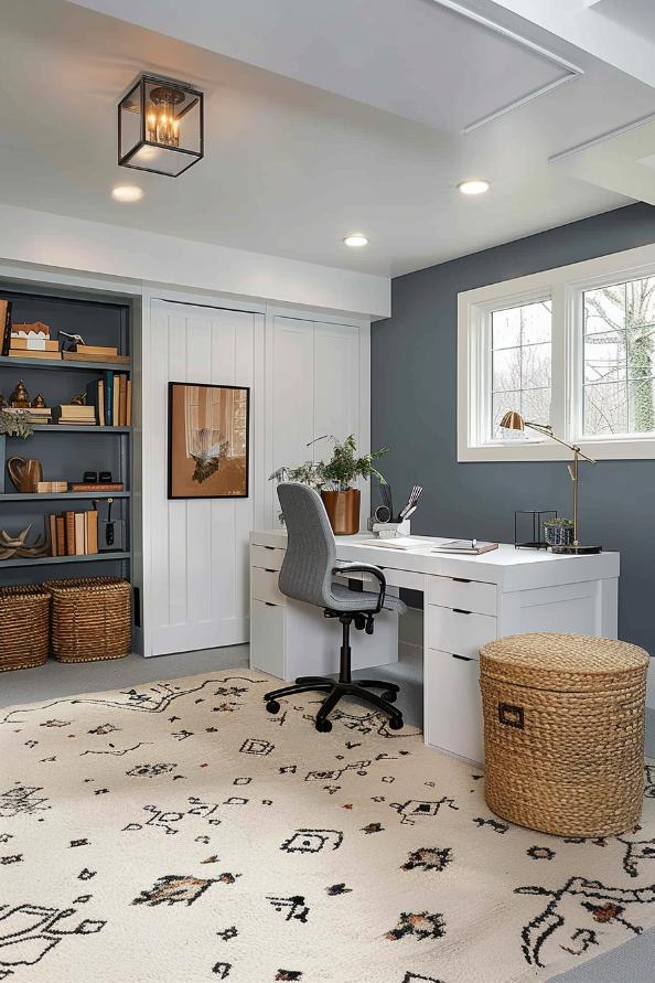 Create an office space with an elegant desk that is flanked by book rules and walls that fly over in soft blues and promotes productivity with its quiet mood.