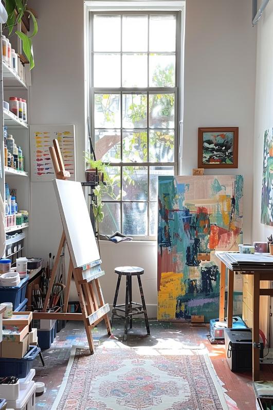 In this room, the easel of an artist proudly stands on a window oriented north, while shelves show a colorful series of colors and brushes.