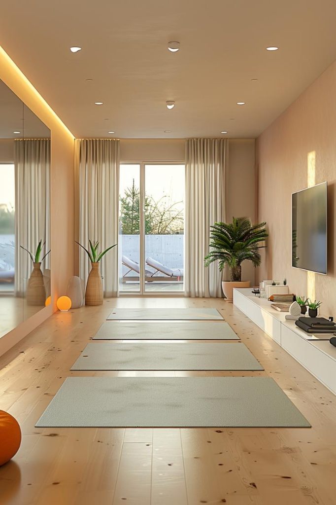 Bamboo floor and a mirrored wall invite calm into a quiet room for yoga and meditation. 