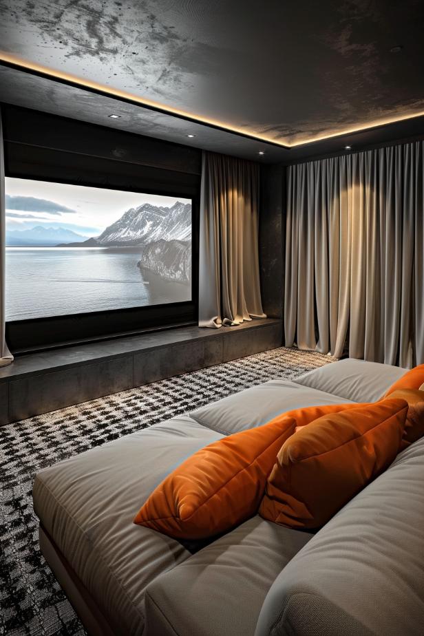 Blackout curtains and a screen mounted on the wall transform the room into a home cinema where you can enjoy the latest blockbusters.