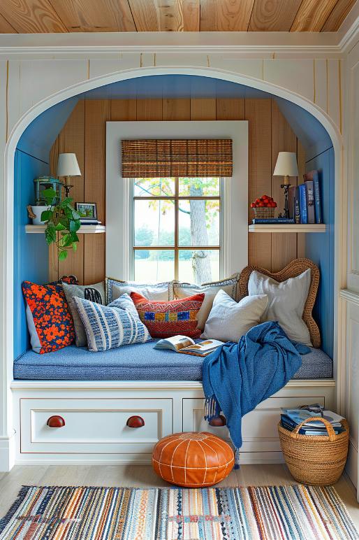 This room has a window seat decorated with plush cushions and offers a fixed hiding place with <a href=