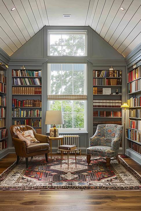 The floor and vecking bookshelves and a ladder are reminiscent of the charm of a library of the Old World with two comfortable leather chairs that are waiting for readers.