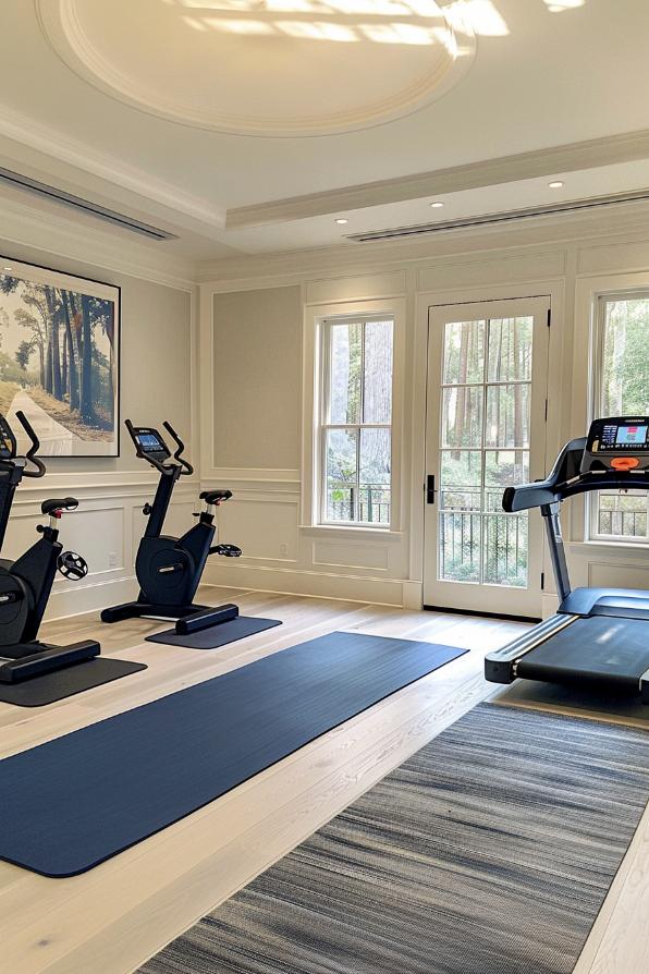 In this room, strategically placed mirrors reflect a compact area that is equipped with the latest fitness equipment for home training session.