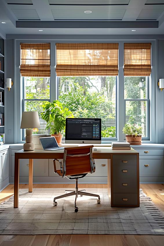 Minimalist furniture and intelligent technologies come together to create an efficient home office that ensures productivity without having to leave the house. 