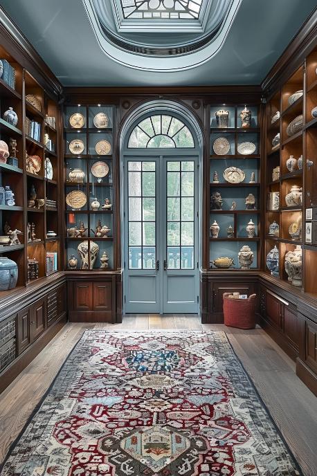 Glass front cabinets show a dazzling selection of collector's pieces that illuminate each piece by carefully placed accent lighting and create the perfect room for every collector.