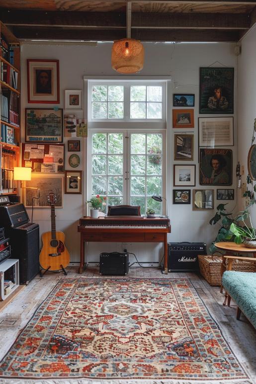 A collection of instruments is exhibited against a background of vintage concert and album posters, while a guitar and a comfortable carpet with friends invite spontaneous jam sessions and music recognition.