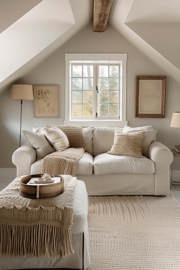 Chunky knit throws draping over a sofa in the farmhouse style and a suitable ottoman and transforms this room into a fantastic place to relax and relax after a long and exhausting day.