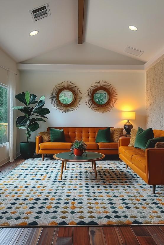 Retro flair characterizes the room, which is filled with sunburst mirror, light-colored sofas and a geometric pattern-like carpet.