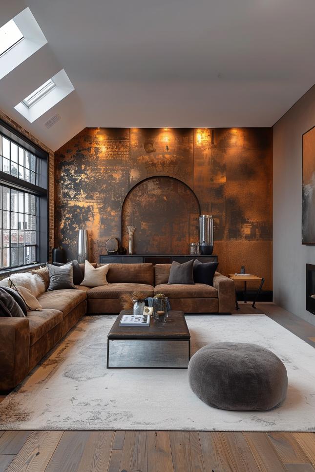 Metallic accents and exposed brick strain merge together into an urban -sending bonus room with an undeniable nervous personality and a great place to hang out.