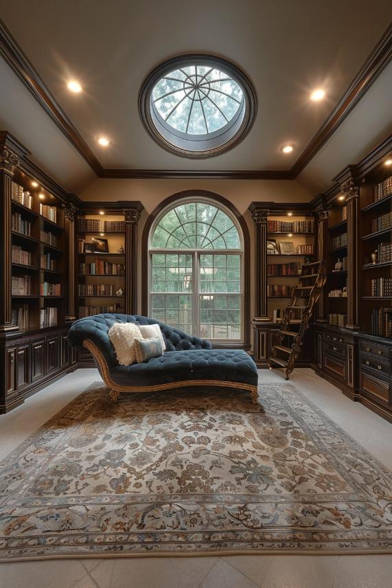 An elegant chaise lounge offers a royal postponement among abundantly stained bookshelves with bound old books.