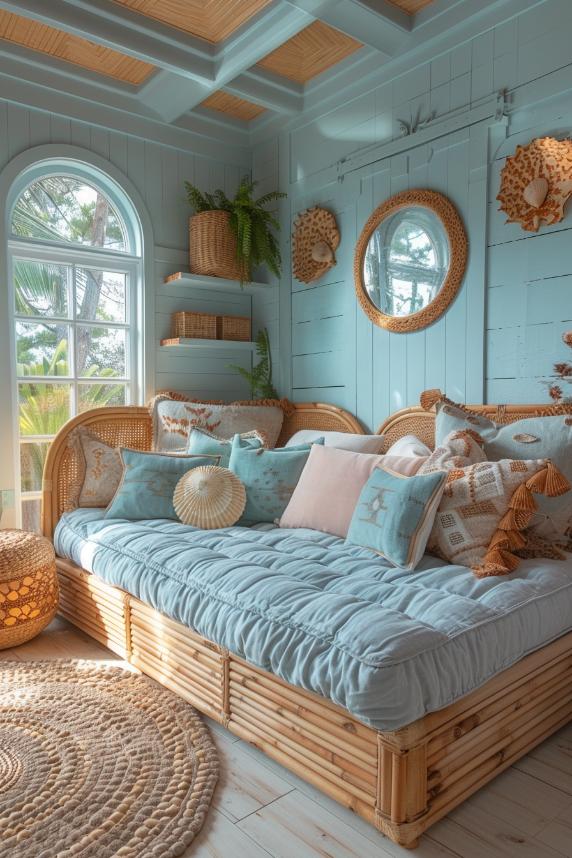 Waves made of blue and sandy tones create a calming escape with sea fighting with mussel accents and a plush day bed.