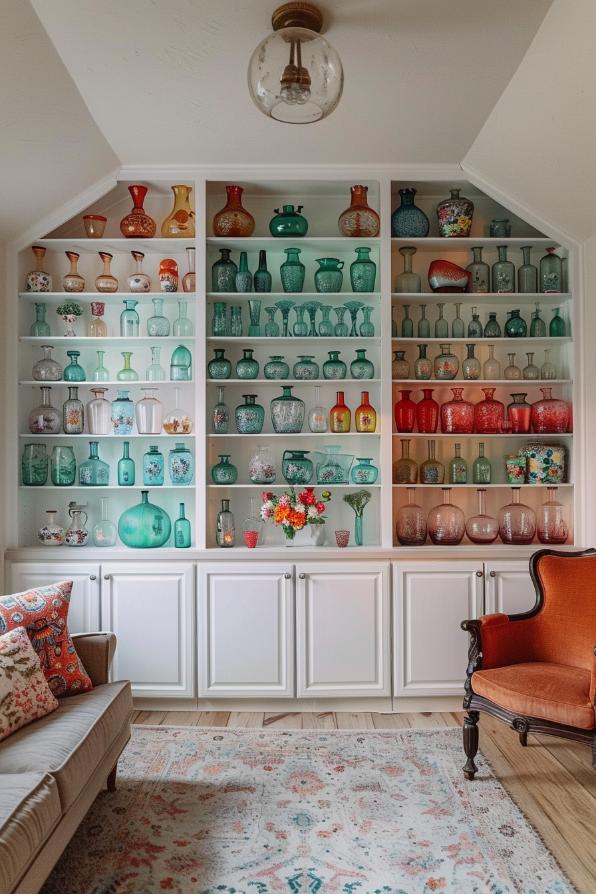 Shelves that are adorned with vintage vases form a cozy corner in which estimated memorabilia are proudly exhibited.