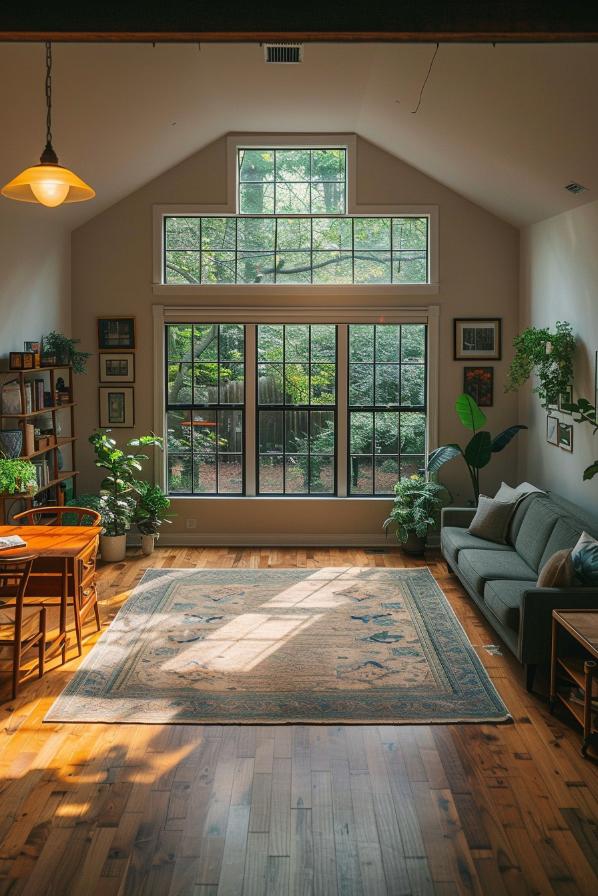 Wall-to-front ceiling windows are ideal for pouring the sunshine into a room that serves as a charming dining room with an inviting decor.