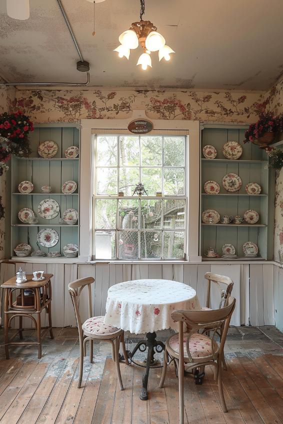 Daring and decorated China on open shelves in a unique arrangement - with a few plates on the back of the shelves that generate the illusion that they float - and a petical bistro set awaits in a picturesque teaber and sophistication.