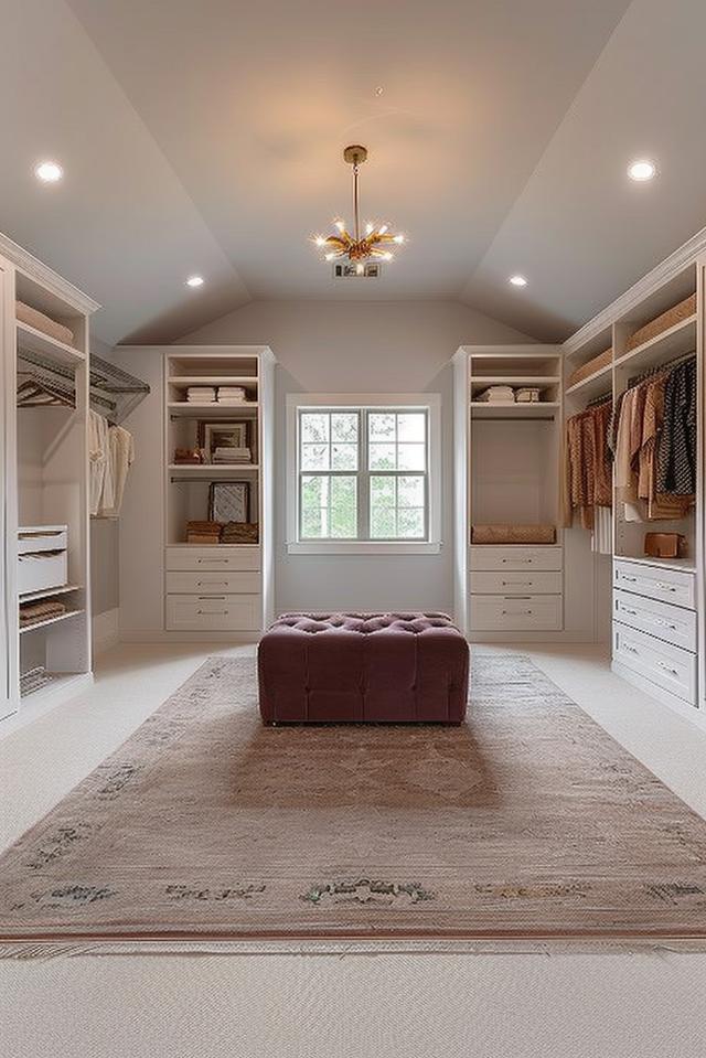 A velvety ottoman and spacious cupboards transform a small room into a luxurious dressing area that is suitable for every fashionista.