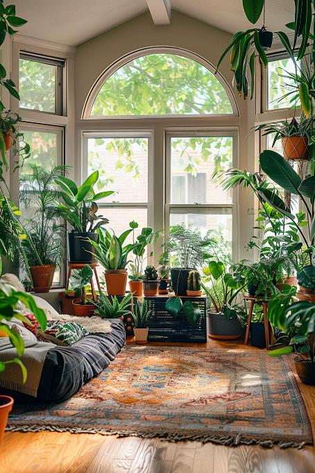 A premium of interior plants and flowers thrives in a solarium sanctuary in which sunlight flows through the windows and inspires growth and creativity.