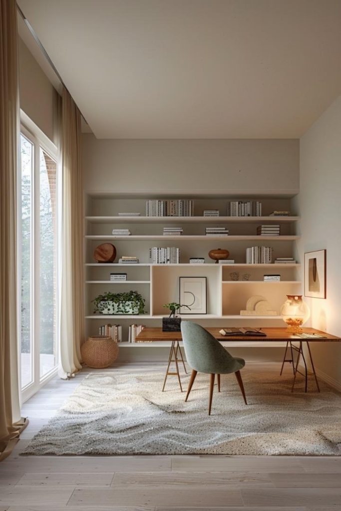 Keep your room minimally and neutrally with an optimized desk and a steamed color palette to create a studio of loneliness in which concentration and inspiration thrive.