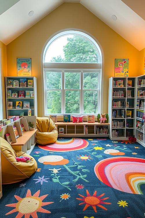 Bright wall paintings are also a wonderful way to bring stories to life in an animated kiddie library with shelves with colorful books.