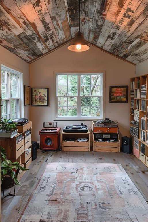 Wooden boxes filled with classic panels define a vintage vinyl vault in which the melodies of past days turn endlessly. 