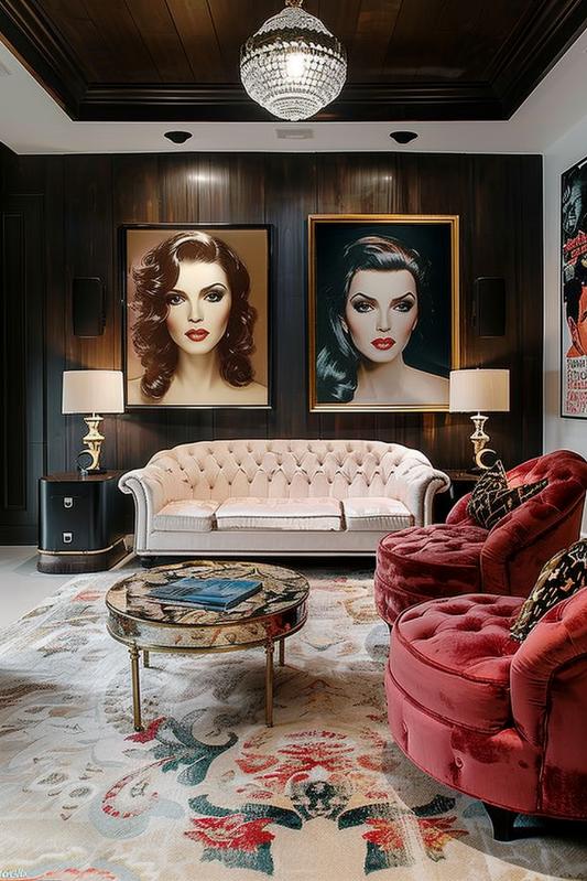 Highly glossy old portraits and classic films adorn the walls and sound in the golden shine of a glamorous room in the old world.