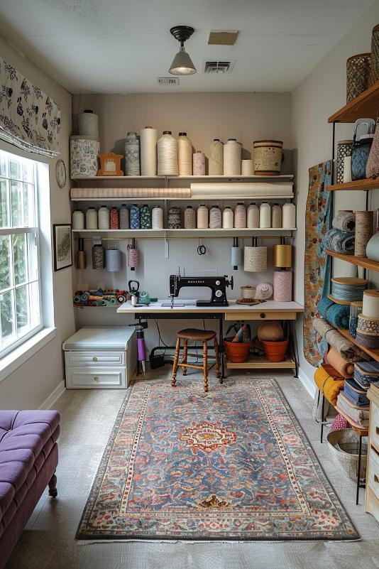 A chic sewing studio waves with an inspiring selection of fabric rolls and a high-end sewing machine in the heart that is ready to create dreamy dresses.