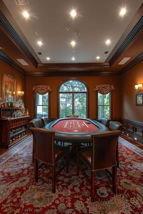 A rich mahogany table, surrounded by leather chairs, provided the stage for an opulent poker salon, in which there are friendly betting and laughter during the poker and card night. 