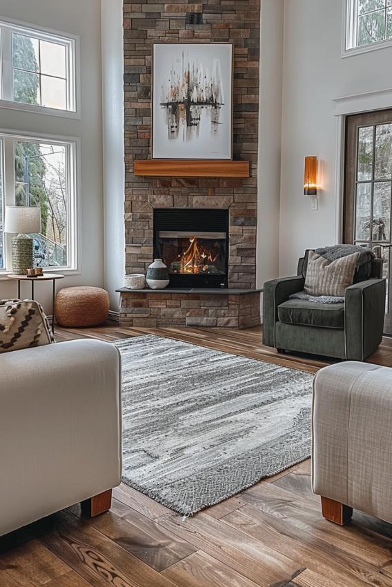 A warm, inviting fire in a traditional brick fireplace stuck comfortably in the corner of the living room and flanked by cozy armchairs that are perfect for relaxing and a good book.