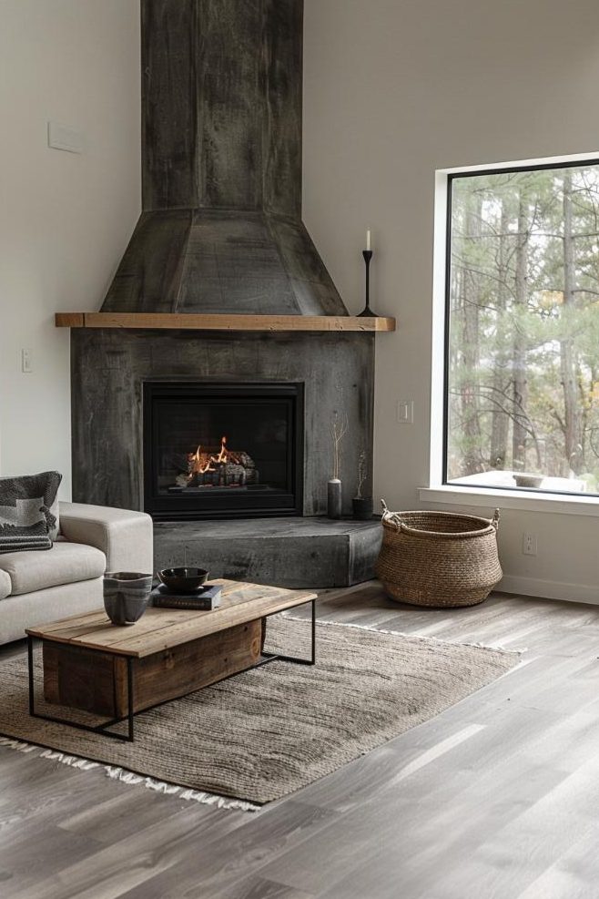 If you have a corner that is perfect for a fireplace but want to add texture, choose something like a fat gray corner chimney. It anchors the room with its strong, striking design.