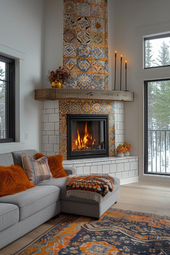 The tiles you choose for your fireplace can change the way it looks and feels. In this pretty corner chimney, living patterned tiles give life to the stove and offer a visual festival for the eyes and a combination of shape and function.