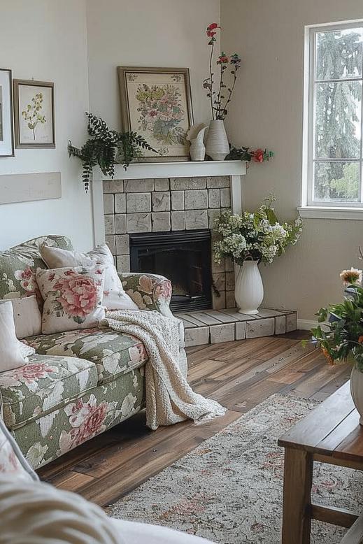 Flower pattern frame a picturesque corner chimney with pretty flower flowers in white vases on the fireplace and repeat the charm of a French farm.