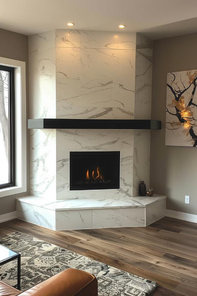 This simple white marble fireplace looks incredible with minimal decorations, which makes it the central point of the room and creates a visual intrigue with its artistic appearance.