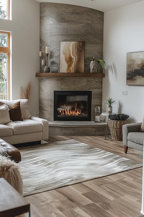 A neutral palette gives a modern corner fireplace a gentle touch that fits seamlessly with the decor of the room.