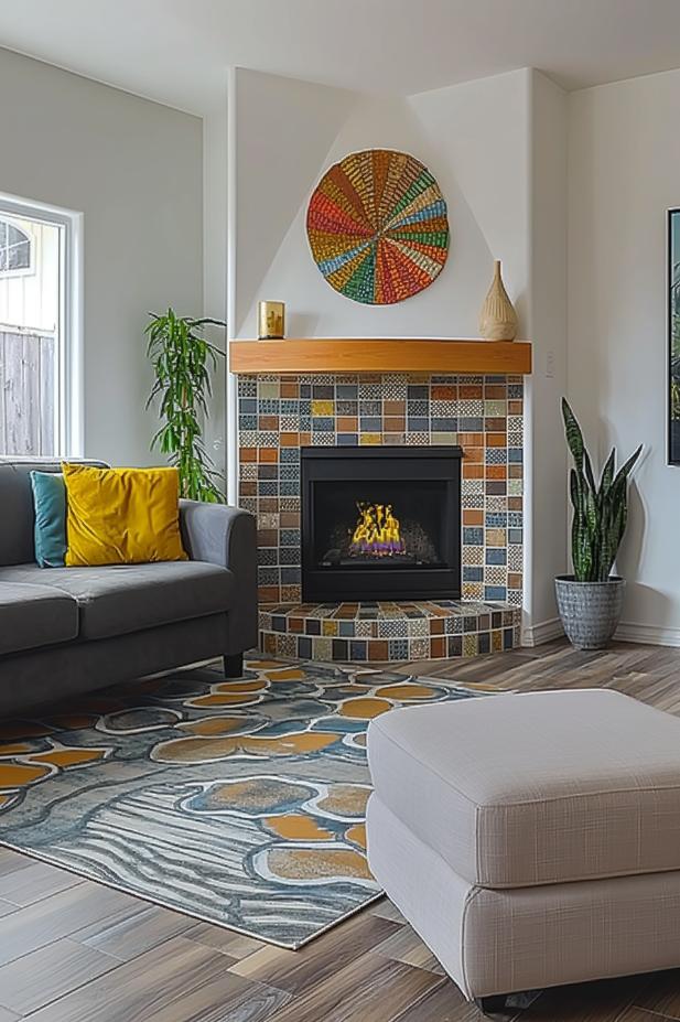 Ry a colorful tiled corner chimney like this one, in which a versatile mix of <a href=