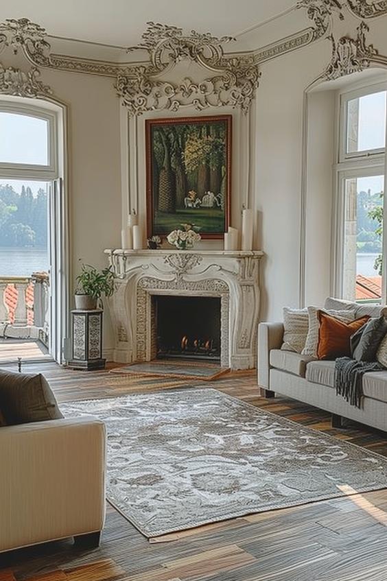 Dark, decorated details on a corner fireplace reflect the size of the classic European architectural styles.