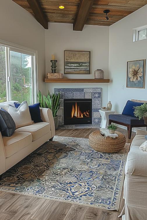 Blue and white tiles that are reminiscent of the Mediterranean sea form a calm background for a cozy corner chimney and give your room a hint of Greek atmosphere. 