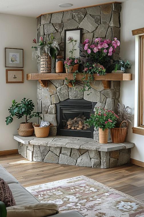 A corner chimney with a light wooden coat brings nature into the house and celebrates the elements inspired by nature. 