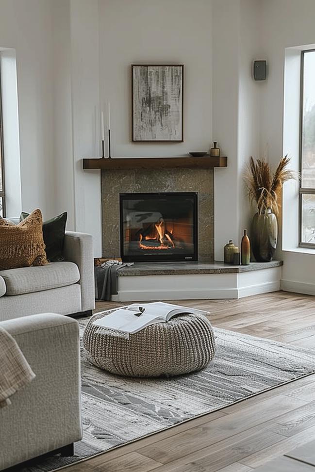 Simple lines and soft shades surround a fireplace in the corner and create a quiet room. 