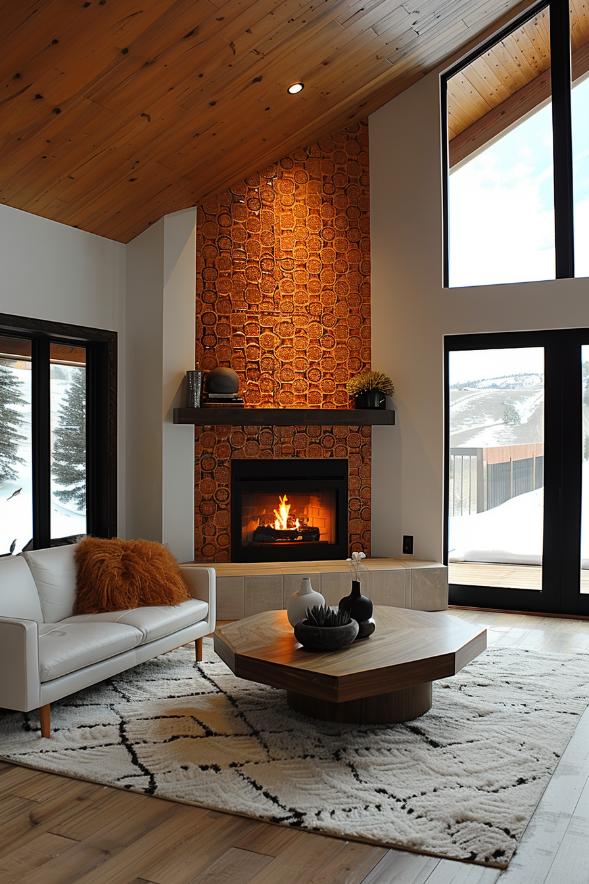 Do not choose from your design and choose a modern corner fireplace from the middle of the century, which stands out with its unique tile work and the classic wooden coat and at the same time complements the look of the room.