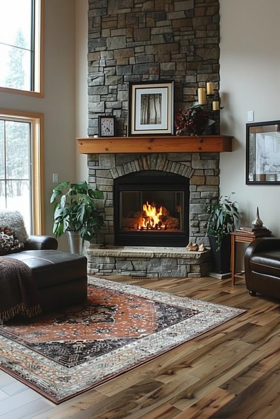 A picturesque and inviting cornering fireplace in cottage style is perfect for a rustic and charming home. 