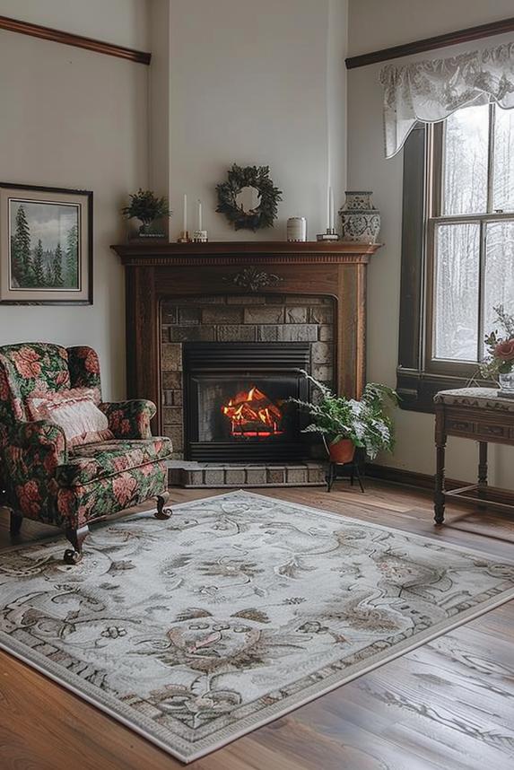 A stone fireplace with a wooden environment characterizes a cozy corner chimney that conveys an immediate feeling of cosiness. It is coordinated with a floral patterned armchair and a vintage carpet.