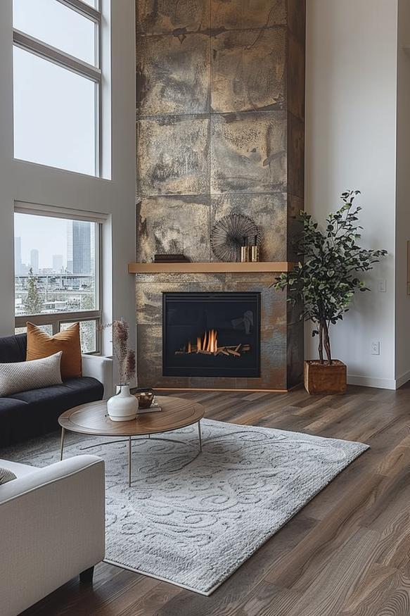 In this room, luxury hits the simplicity in a slim corner fireplace with a distinctive metallic finish that exudes modern elegance.