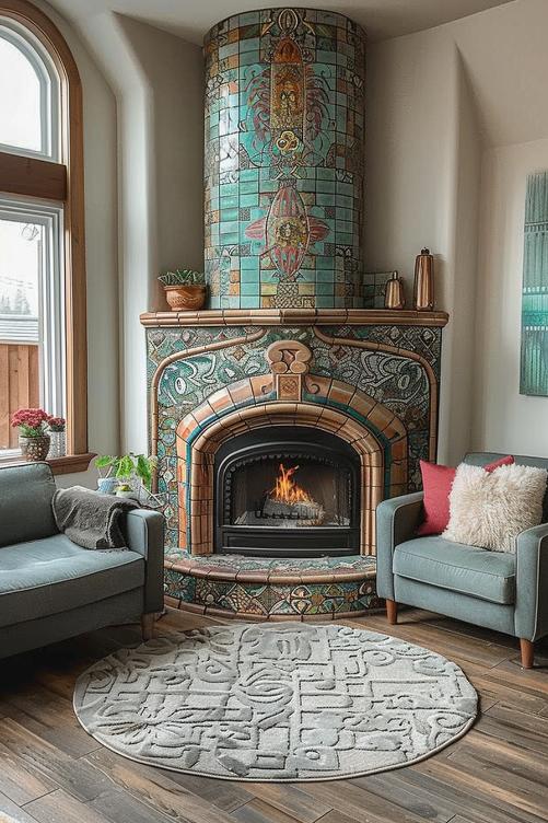 Craftsman tiles with cool shades, flowing patterns and warm accents on the fireplace -Surround Surrounds create a hint of intrigues around a stylish corner chimney.