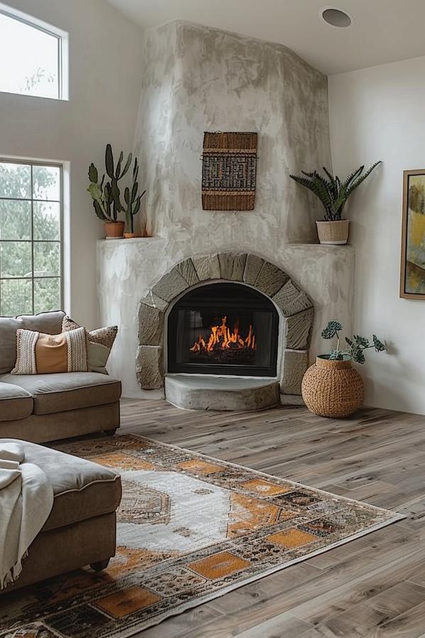 Make your living room with a large corner chimney in desperate gray, which is decorated with a touch of natural fibers for a structured design. 