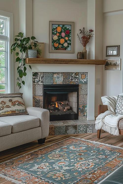 A corner fireplace is decorated in cottagecore designs with delicate details such as flower art, a follow -up plant and alternating tiles in pastel colors that embody a charming cottagecore style.