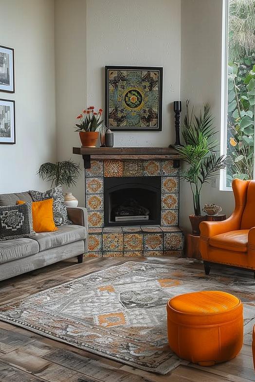 Boho-style tiles bring nostalgia and shine in a chic corner chimney. 