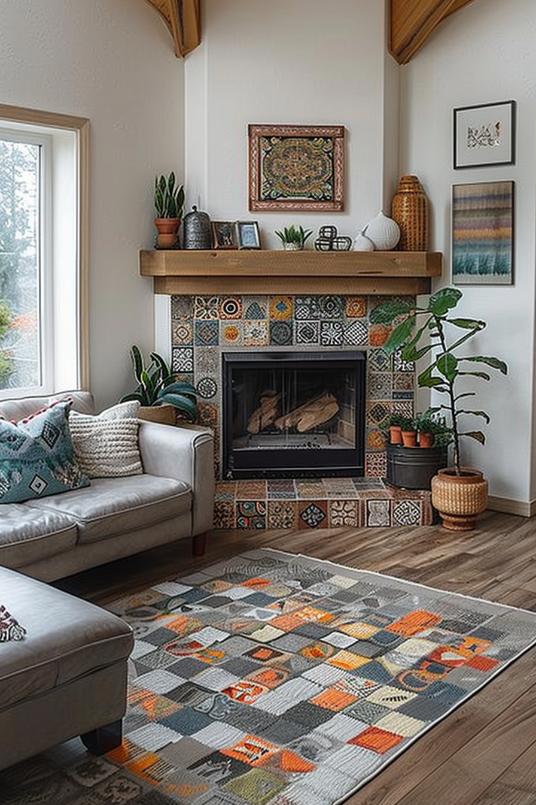 This corner fireplace shows colorful mosaic tiles and a wooden coat with multicolored frills.