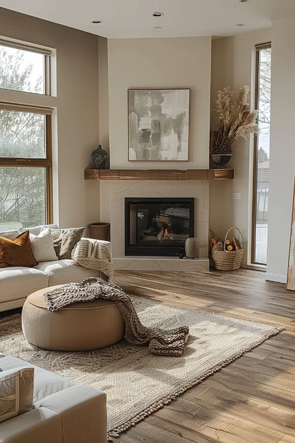 Clear lines and a warm range emphasize a chic, minimalist approach to this corner chimney, which is dressed in front of the stove with crocheted litters on a small Ottoman Ottoman.