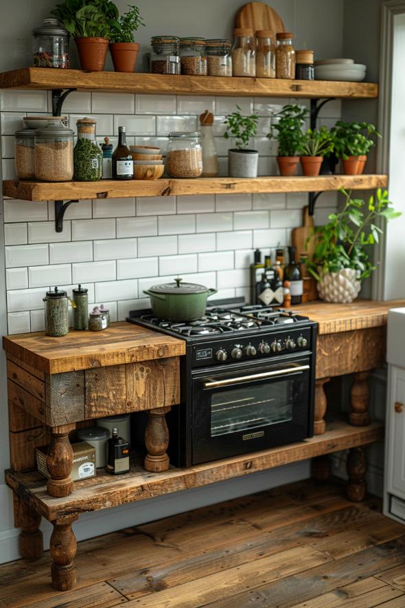 The warm color and the natural texture of the shelves contrast wonderfully with the straight lines and the flawless colors of the tiles.